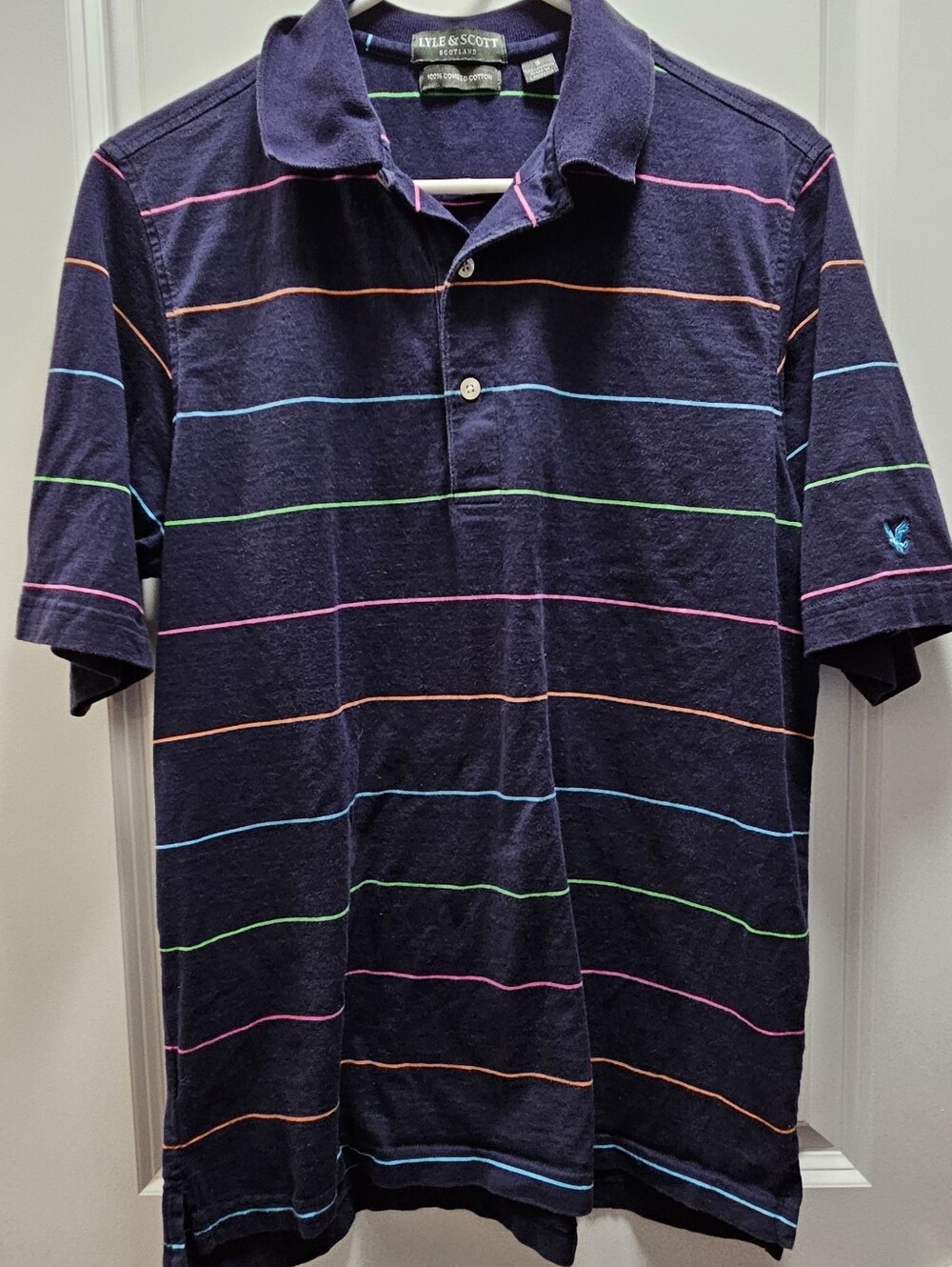 Lyle & Scott Navy Polo with Pink, Orange, Blue and Green Stripes